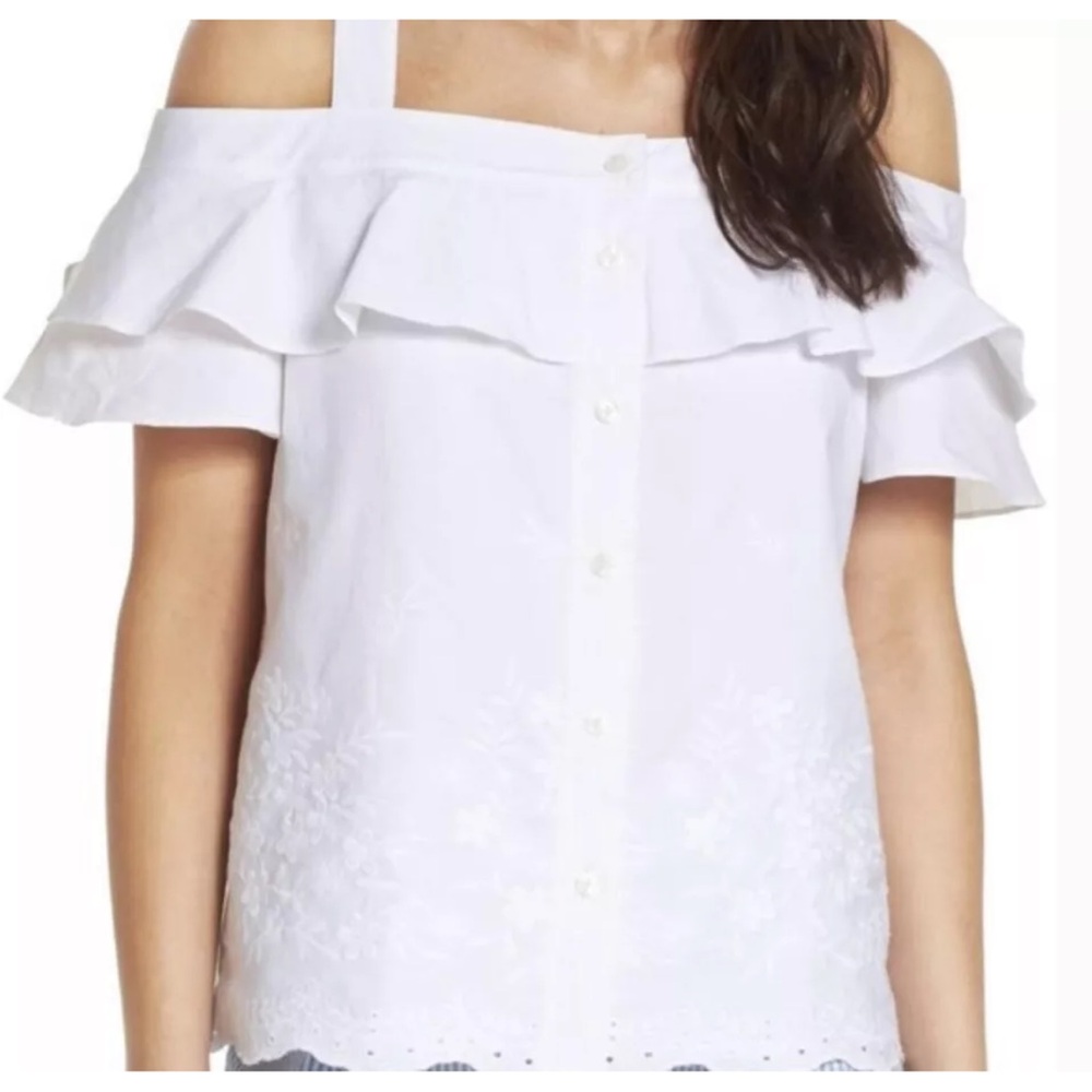 Draper James Nellie White Embroidery Cold Shoulder Top Ruffles Eyelet Size 6